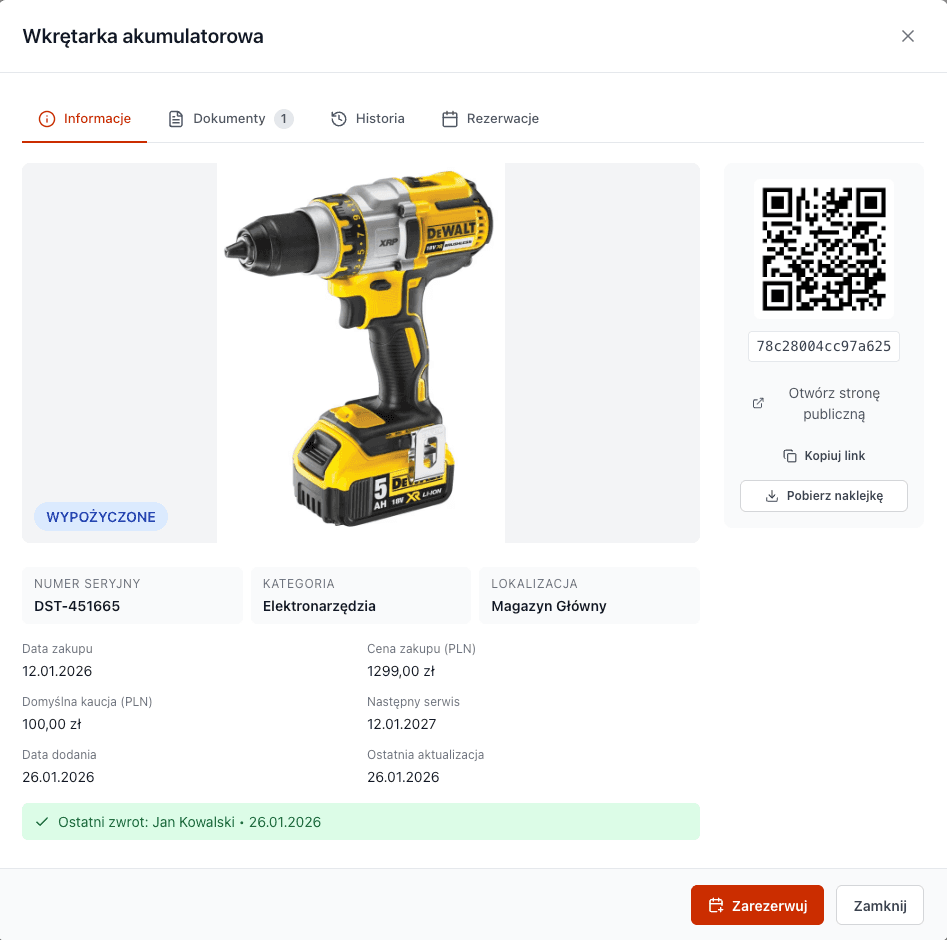 Lista narzędzi budowlanych w systemie Toolero - ewidencja sprzętu z kodami QR