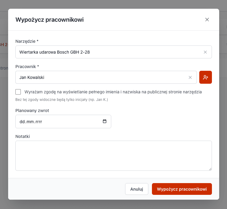 Formularz wydawania sprzętu w Toolero