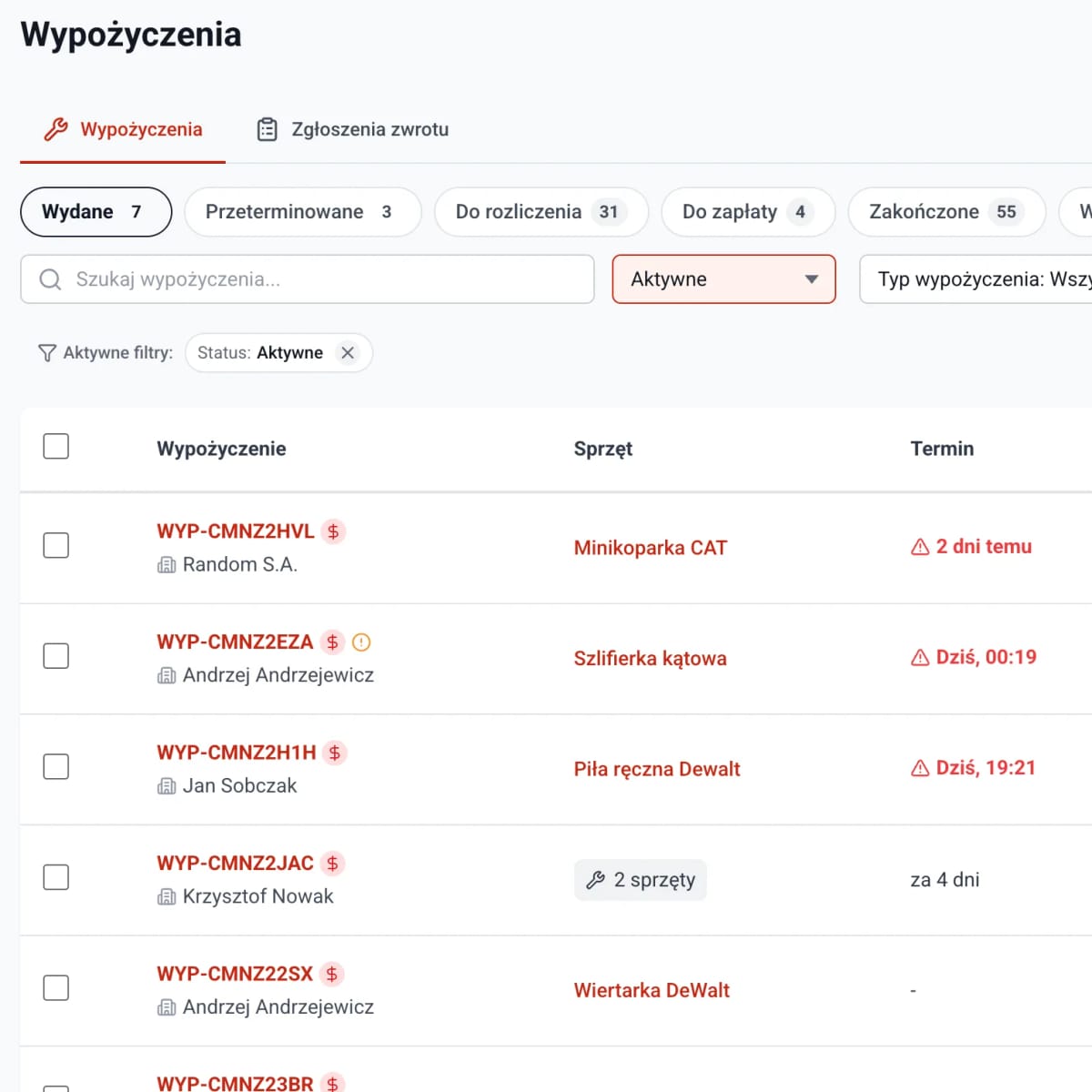 Panel Toolero ze sprzętem u klientów i statusami