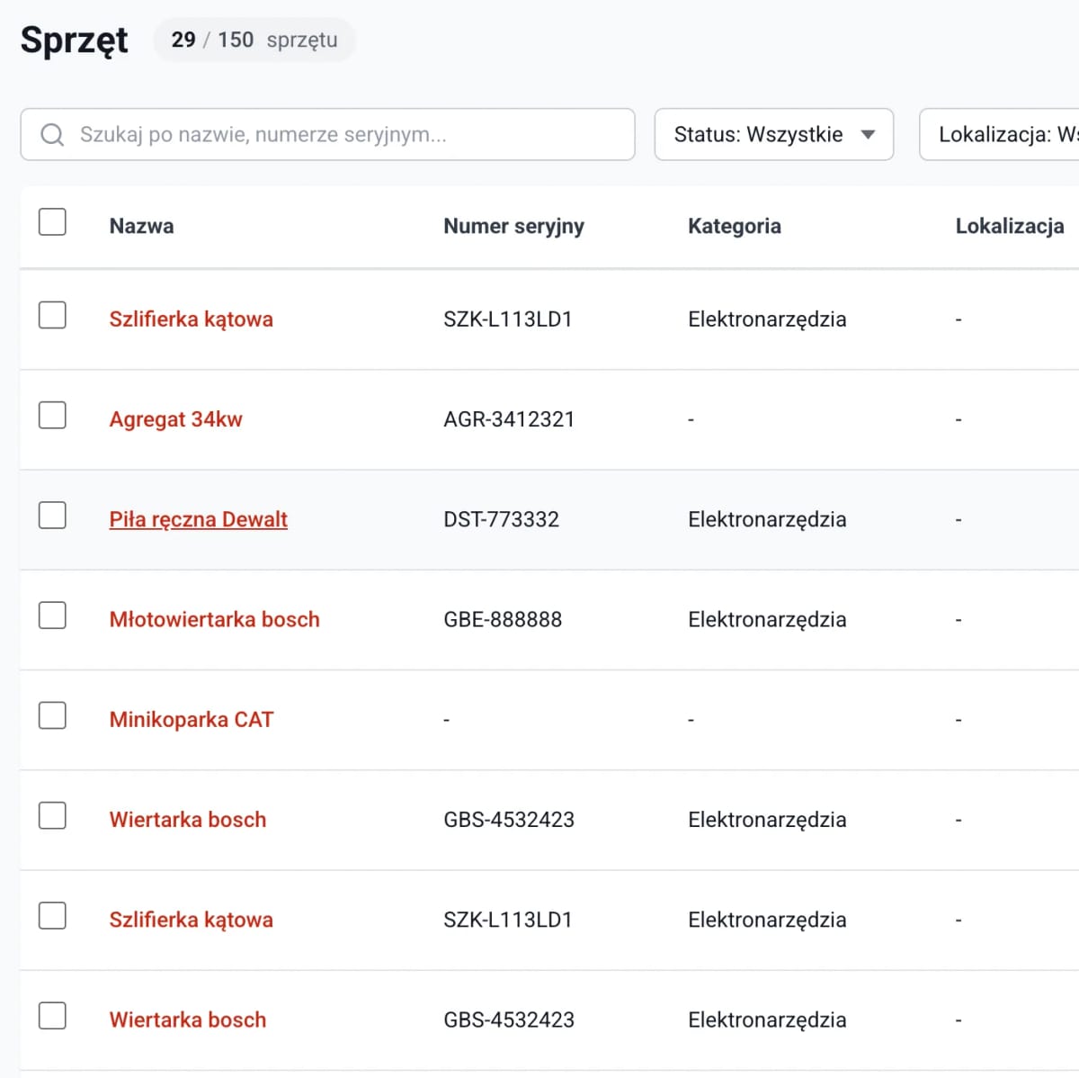 Lista sprzętu z lokalizacjami i statusami
